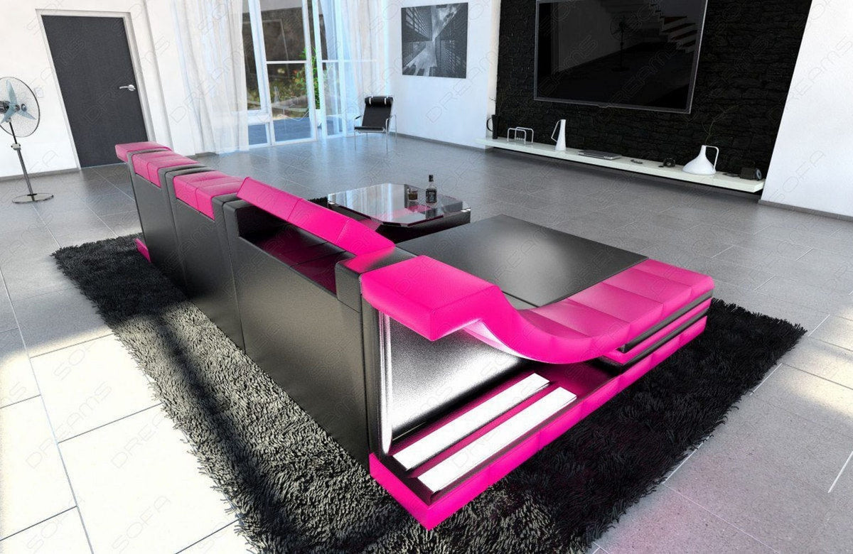 Couch Turino L-Form in Leder schwarz-pink
