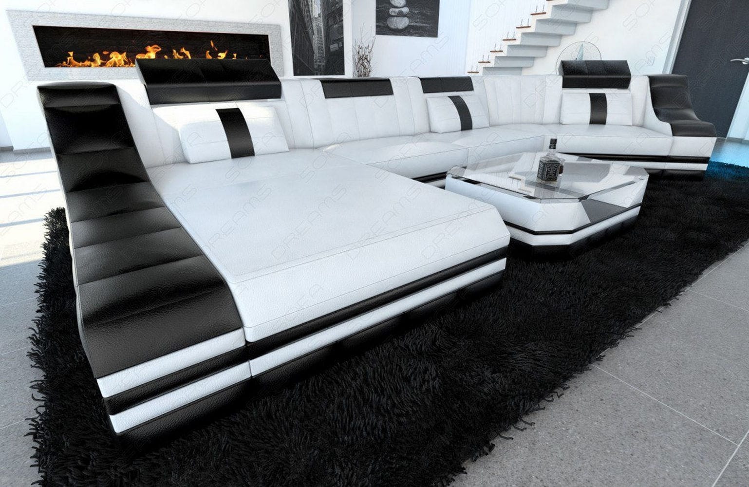 Mini Couch Turino C-Form in Leder Weiß-Schwarz