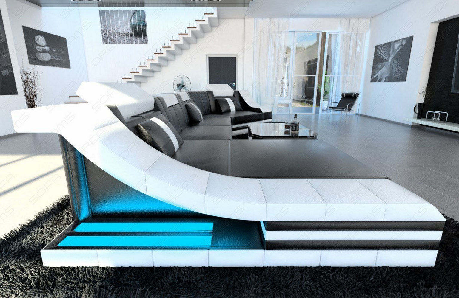 Mini Luxus Wohnlandschaft Turino C-Form mit LED Schwarz-Weiß