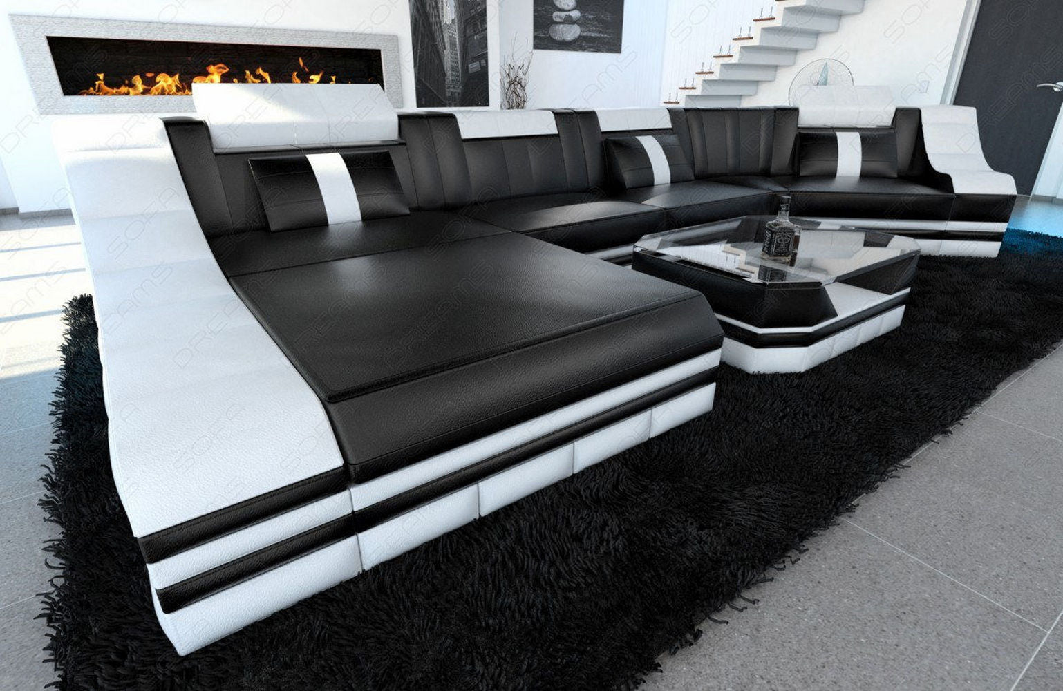 Mini Luxus Wohnlandschaft Turino C-Form mit LED Schwarz-Weiß