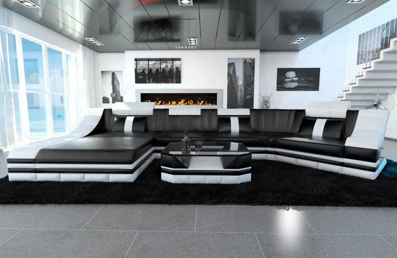Mini Luxus Wohnlandschaft Turino C-Form mit LED Schwarz-Weiß
