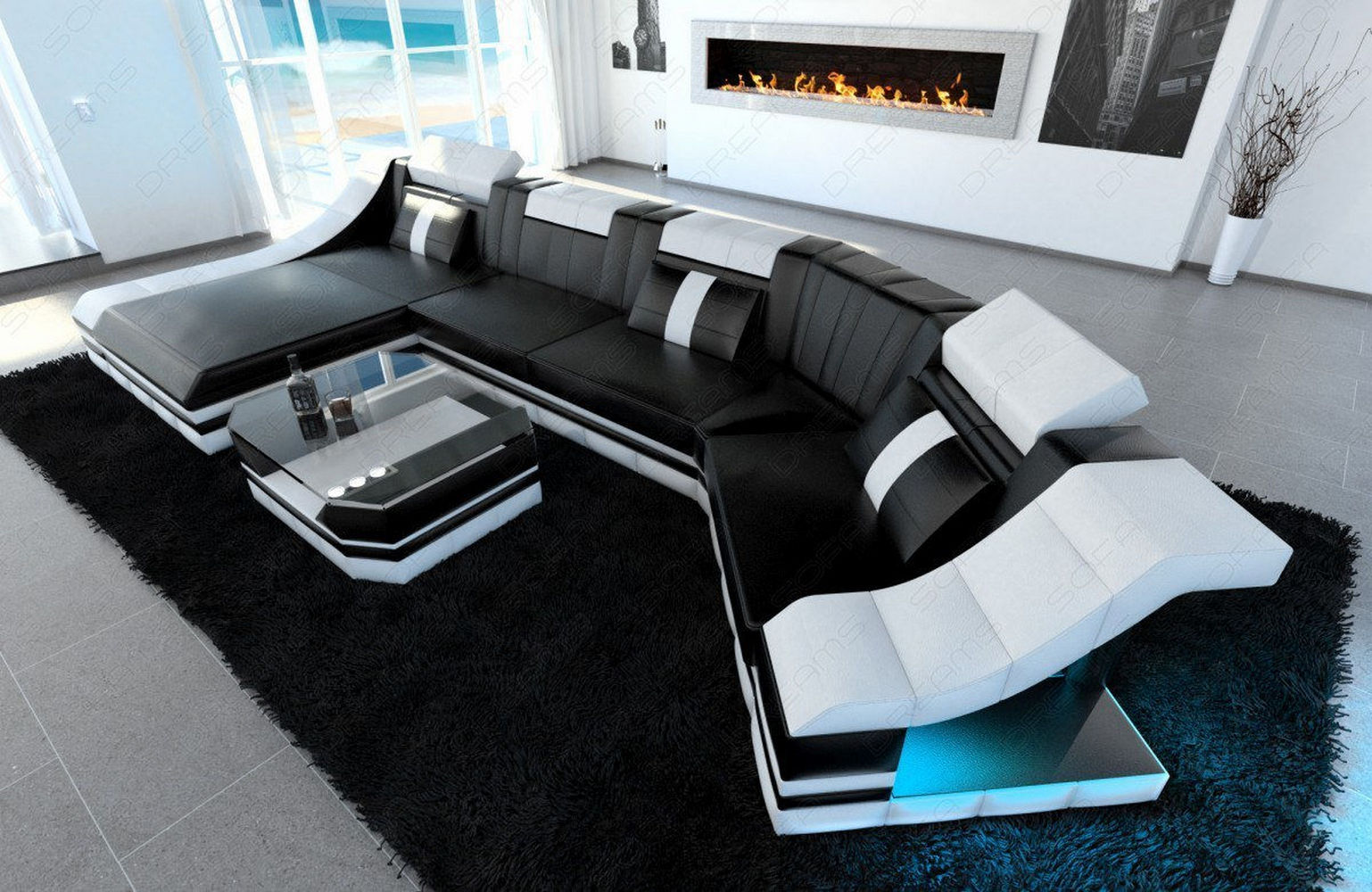 Mini Luxus Wohnlandschaft Turino C-Form mit LED Schwarz-Weiß