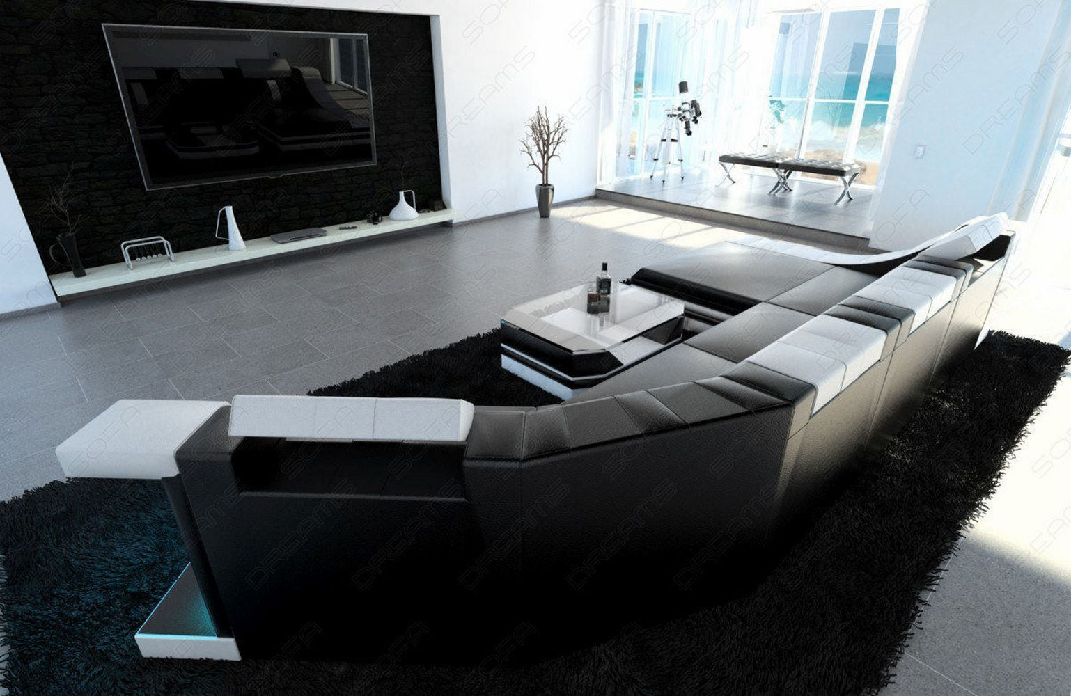 Mini Luxus Wohnlandschaft Turino C-Form mit LED Schwarz-Weiß