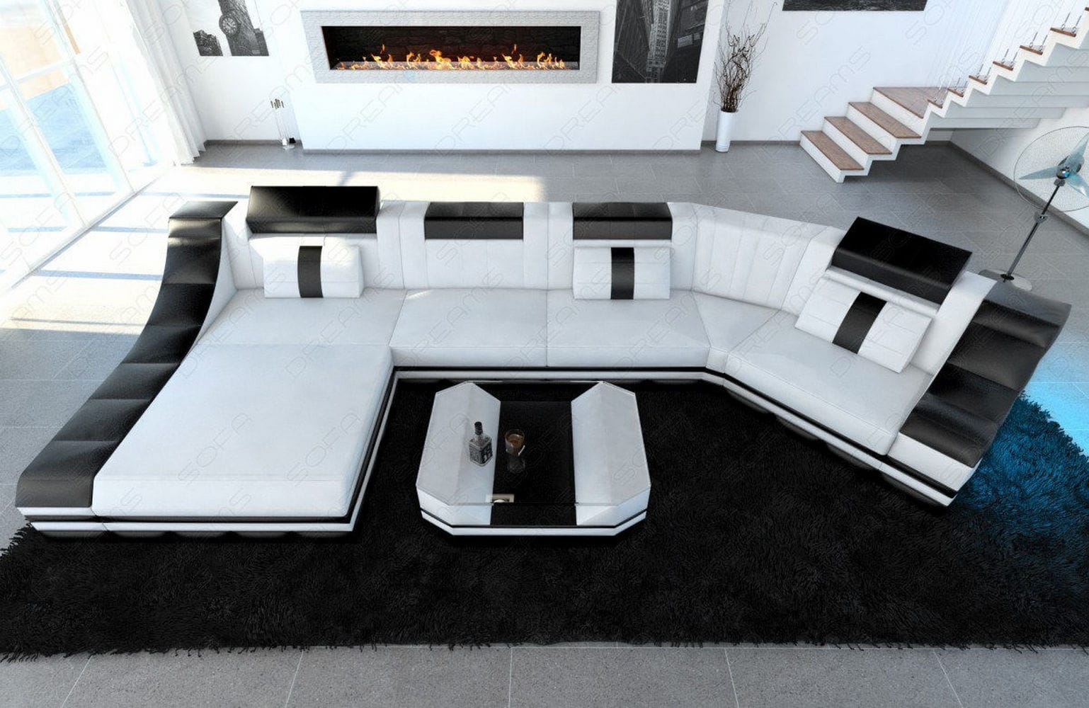 Mini Couch Turino C-Form in Leder Weiß-Schwarz