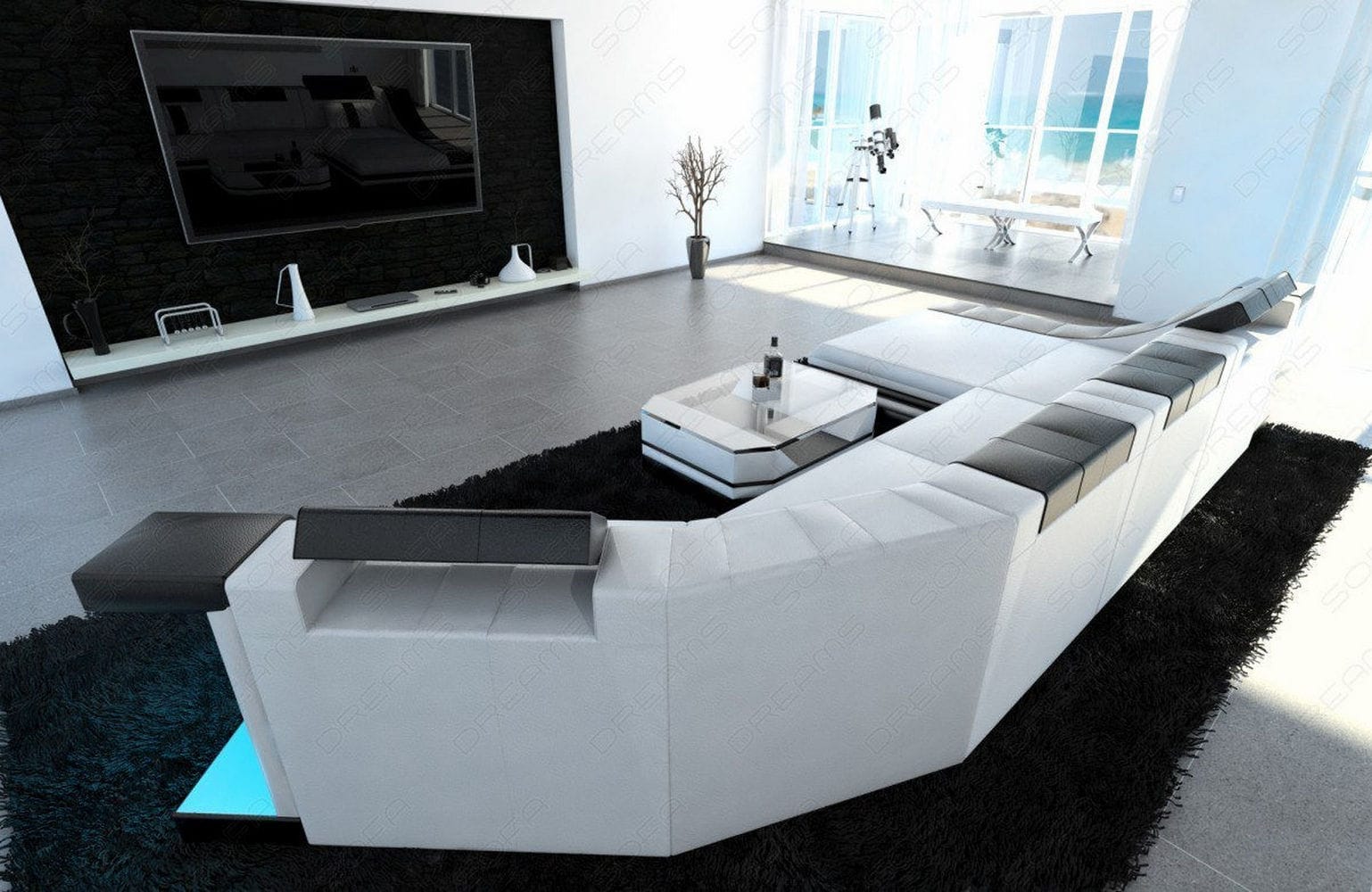 Mini Couch Turino C-Form in Leder Weiß-Schwarz