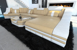 Mini Couch Turino C-Form in Leder Sandbeige-Weiß