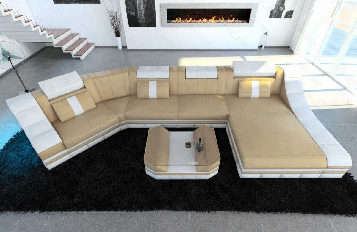 Mini Couch Turino C-Form in Leder Sandbeige-Weiß