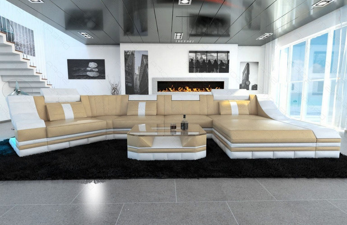 Mini Couch Turino C-Form in Leder Sandbeige-Weiß