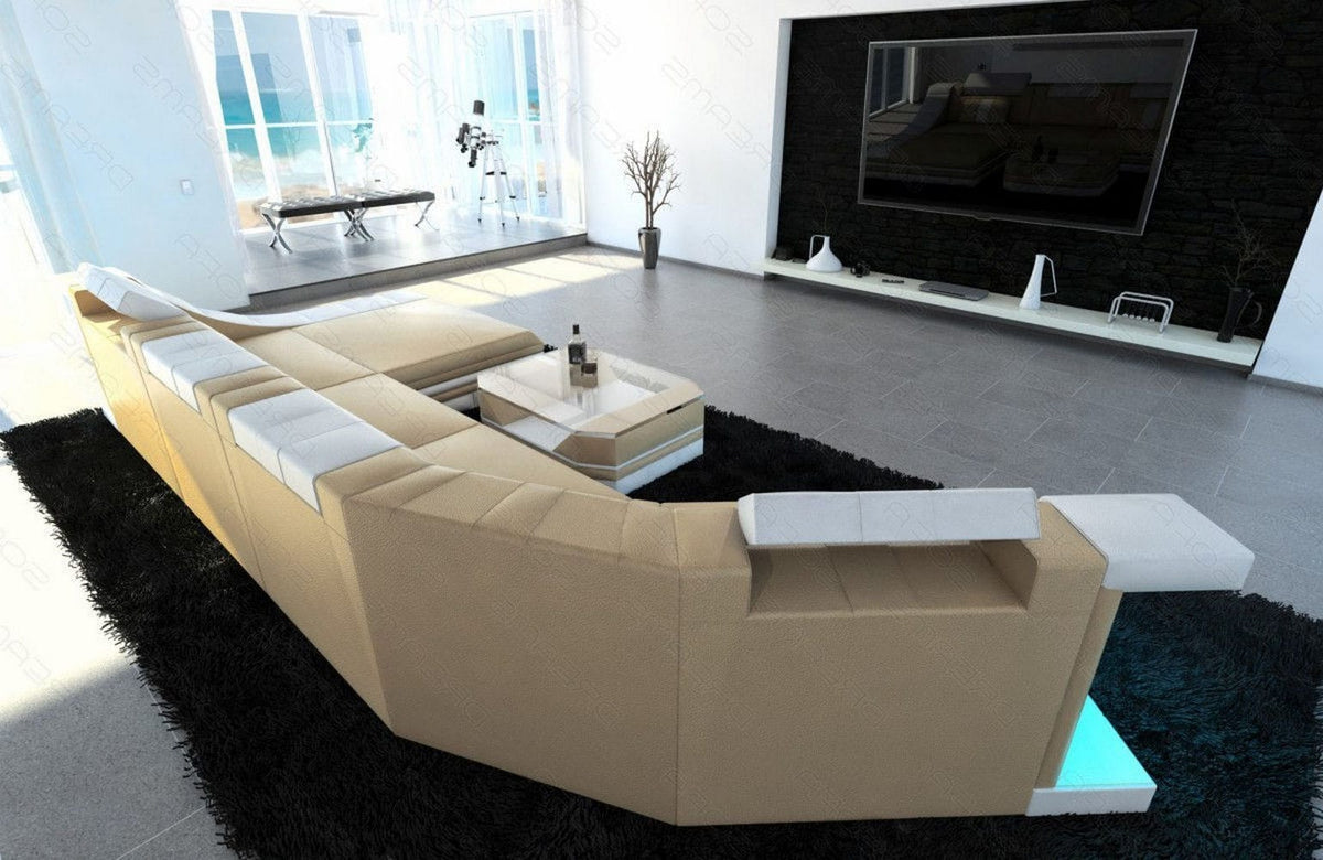 Mini Couch Turino C-Form in Leder Sandbeige-Weiß
