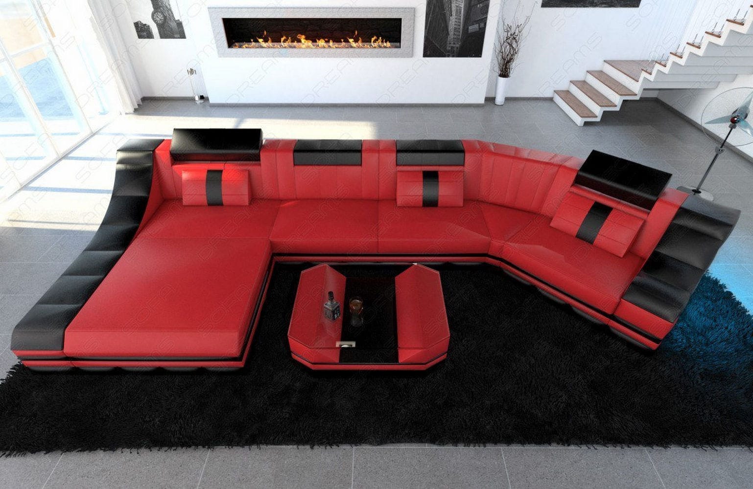 Luxus Wohnlandschaft Turino C-Form mit LED rot-schwarz