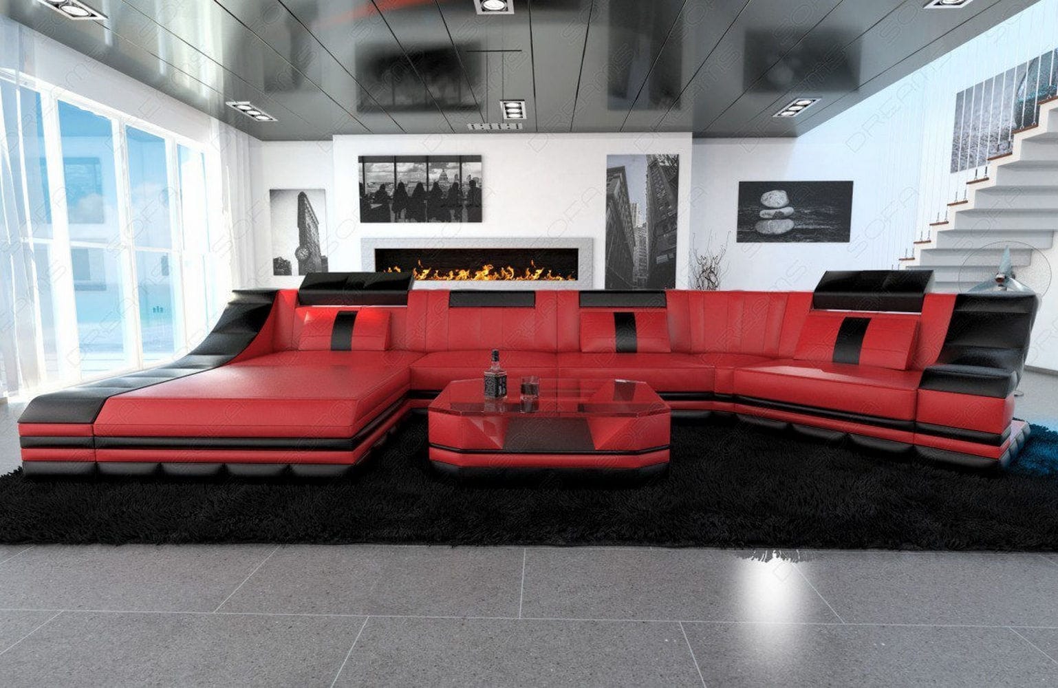 Luxus Wohnlandschaft Turino C-Form mit LED rot-schwarz