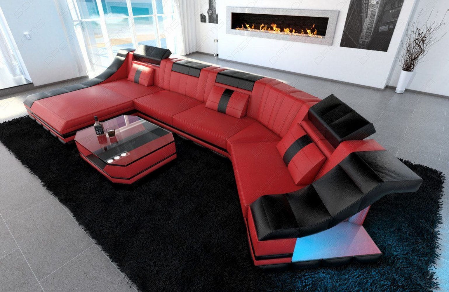 Luxus Wohnlandschaft Turino C-Form mit LED rot-schwarz