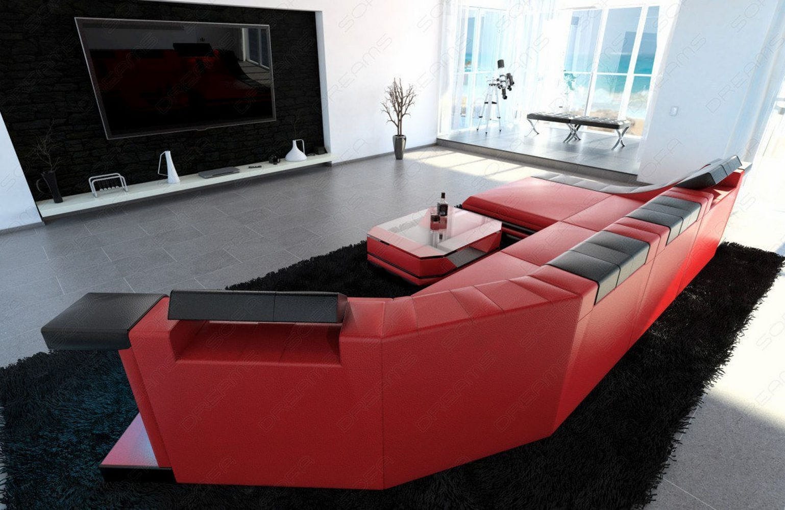 Luxus Wohnlandschaft Turino C-Form mit LED rot-schwarz
