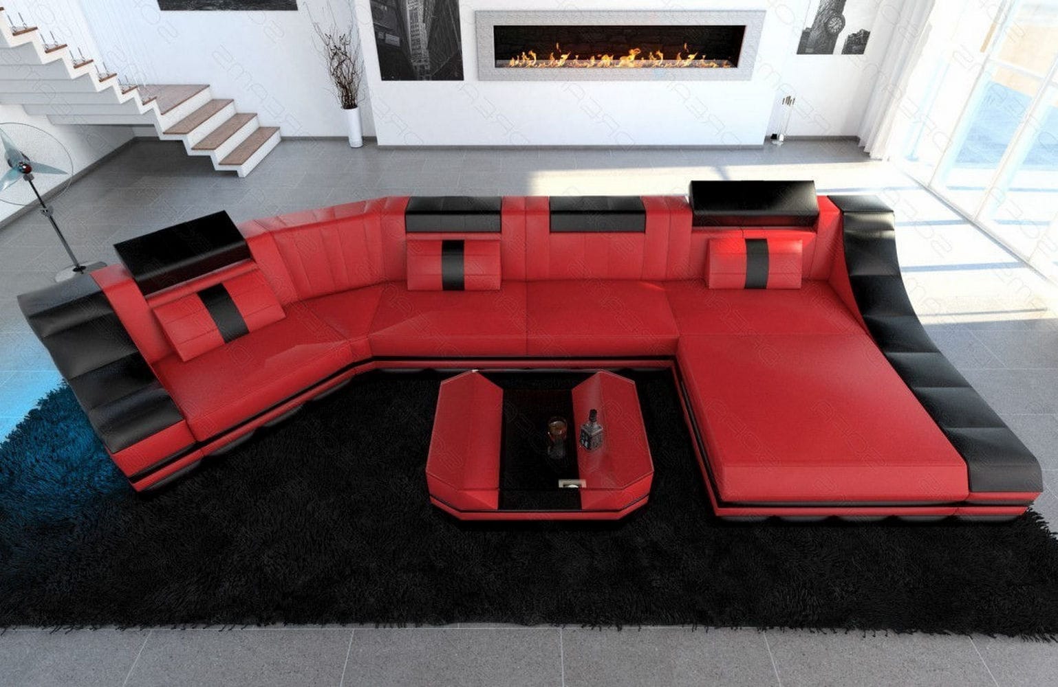 Luxus Wohnlandschaft Turino C-Form mit LED rot-schwarz