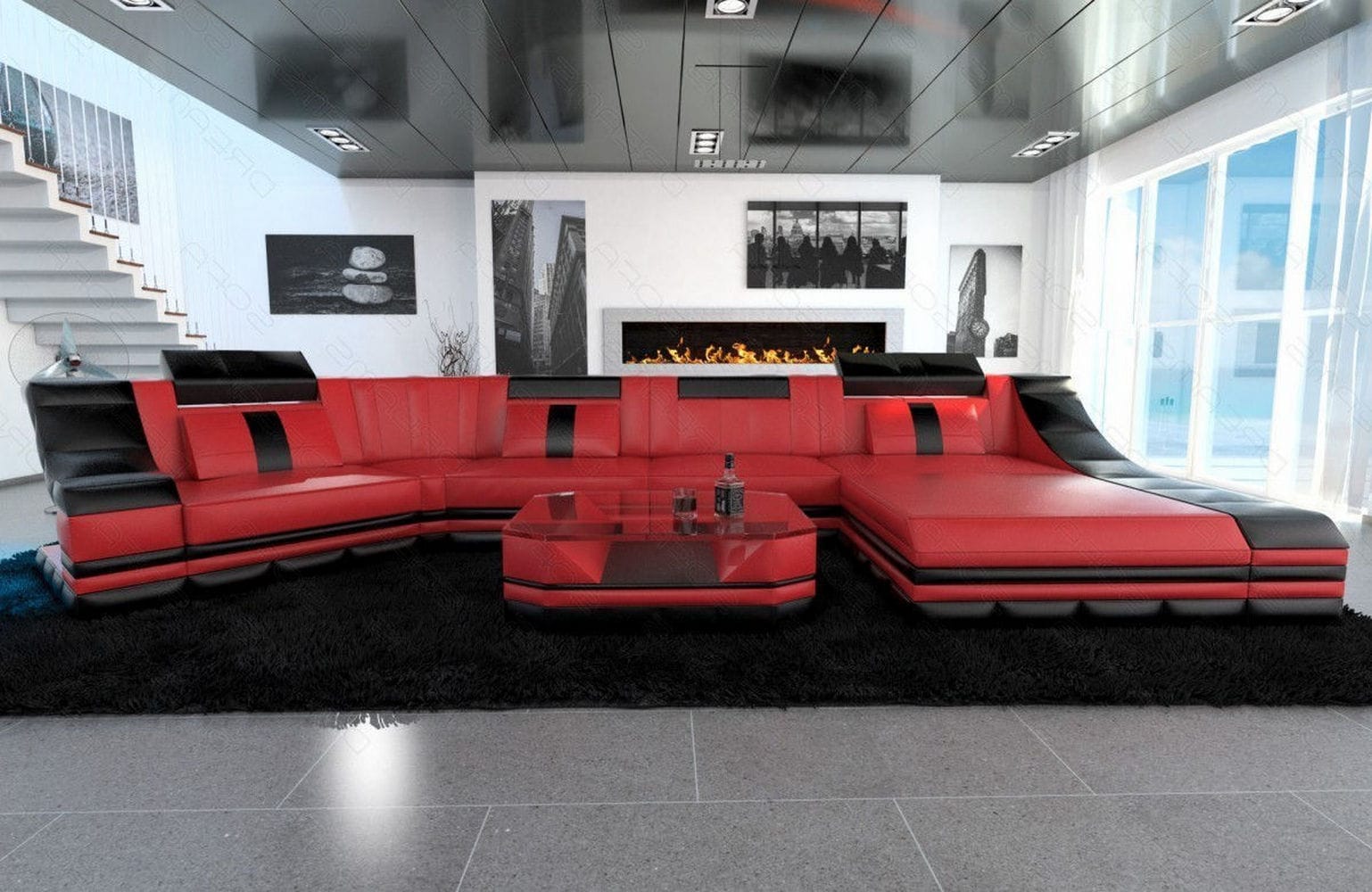 Luxus Wohnlandschaft Turino C-Form mit LED rot-schwarz