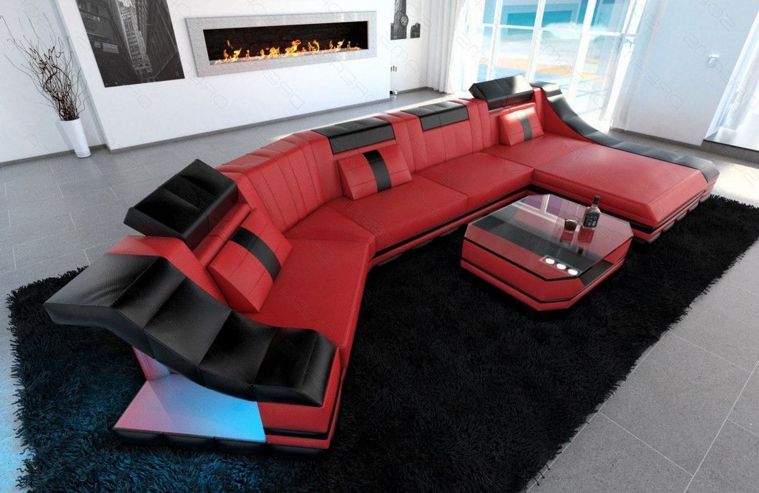 Luxus Wohnlandschaft Turino C-Form mit LED rot-schwarz