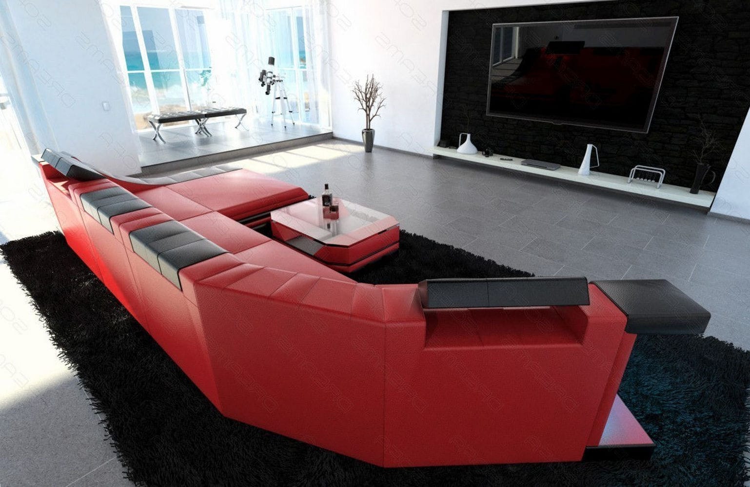 Luxus Wohnlandschaft Turino C-Form mit LED rot-schwarz