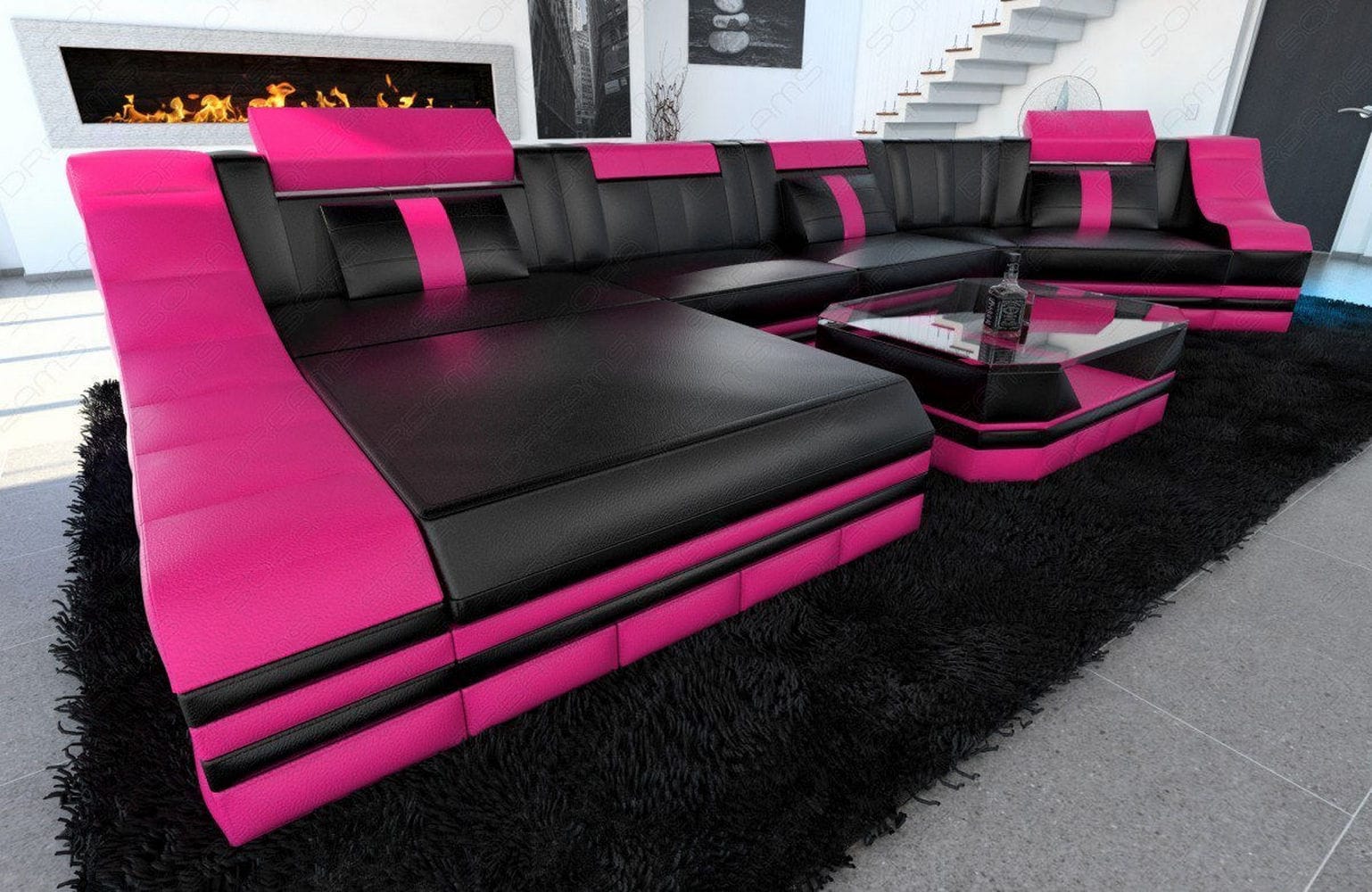 Luxus Wohnlandschaft Turino C-Form mit LED schwarz-pink