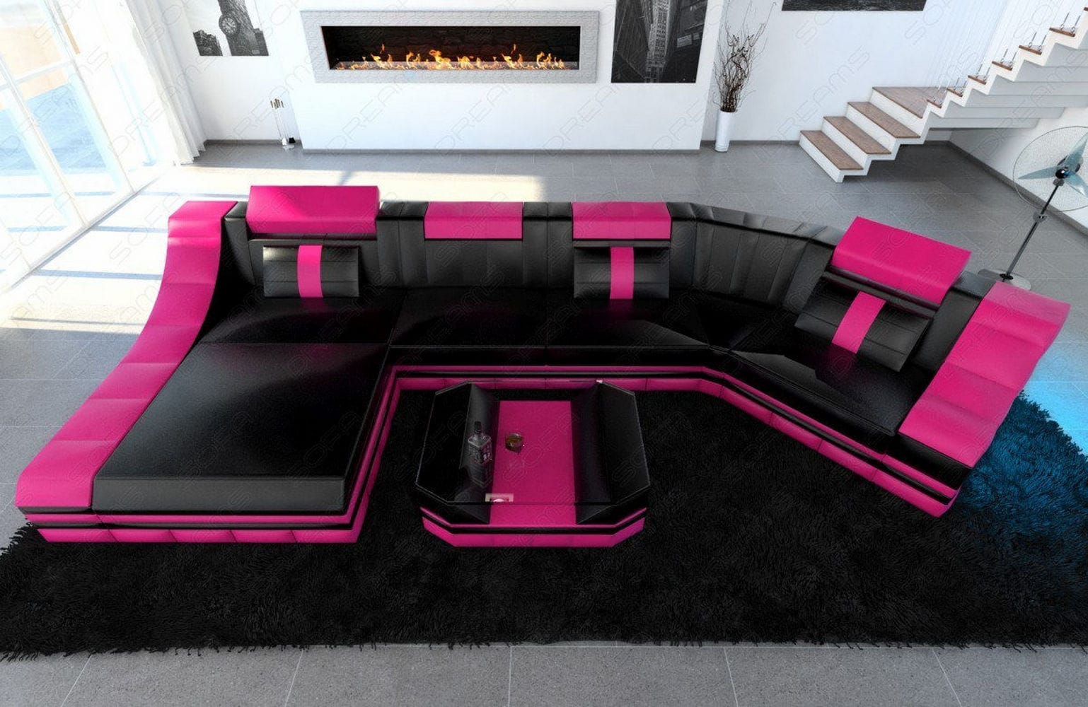 Luxus Wohnlandschaft Turino C-Form mit LED schwarz-pink