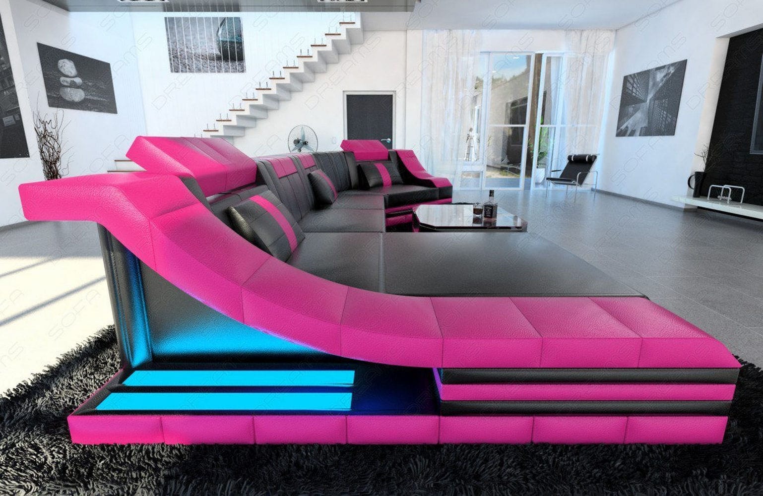 Luxus Wohnlandschaft Turino C-Form mit LED schwarz-pink