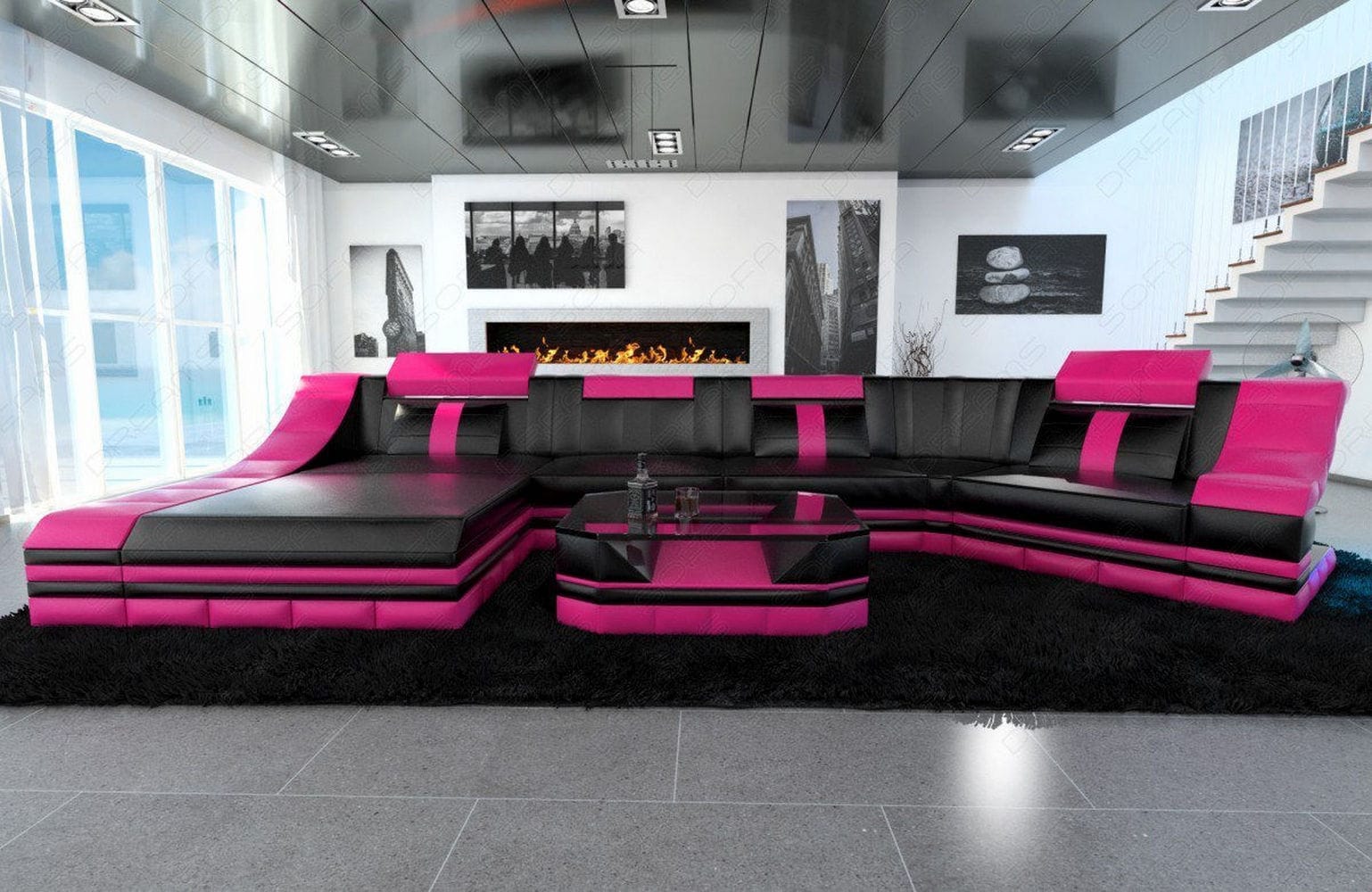 Luxus Wohnlandschaft Turino C-Form mit LED schwarz-pink