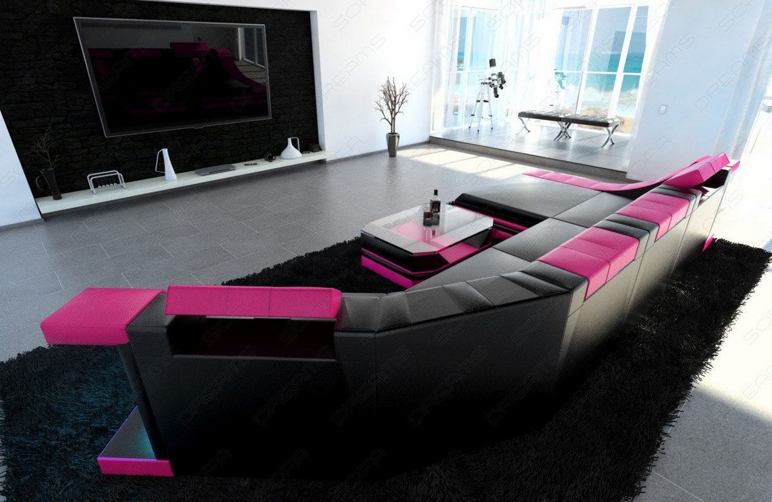 Luxus Wohnlandschaft Turino C-Form mit LED schwarz-pink