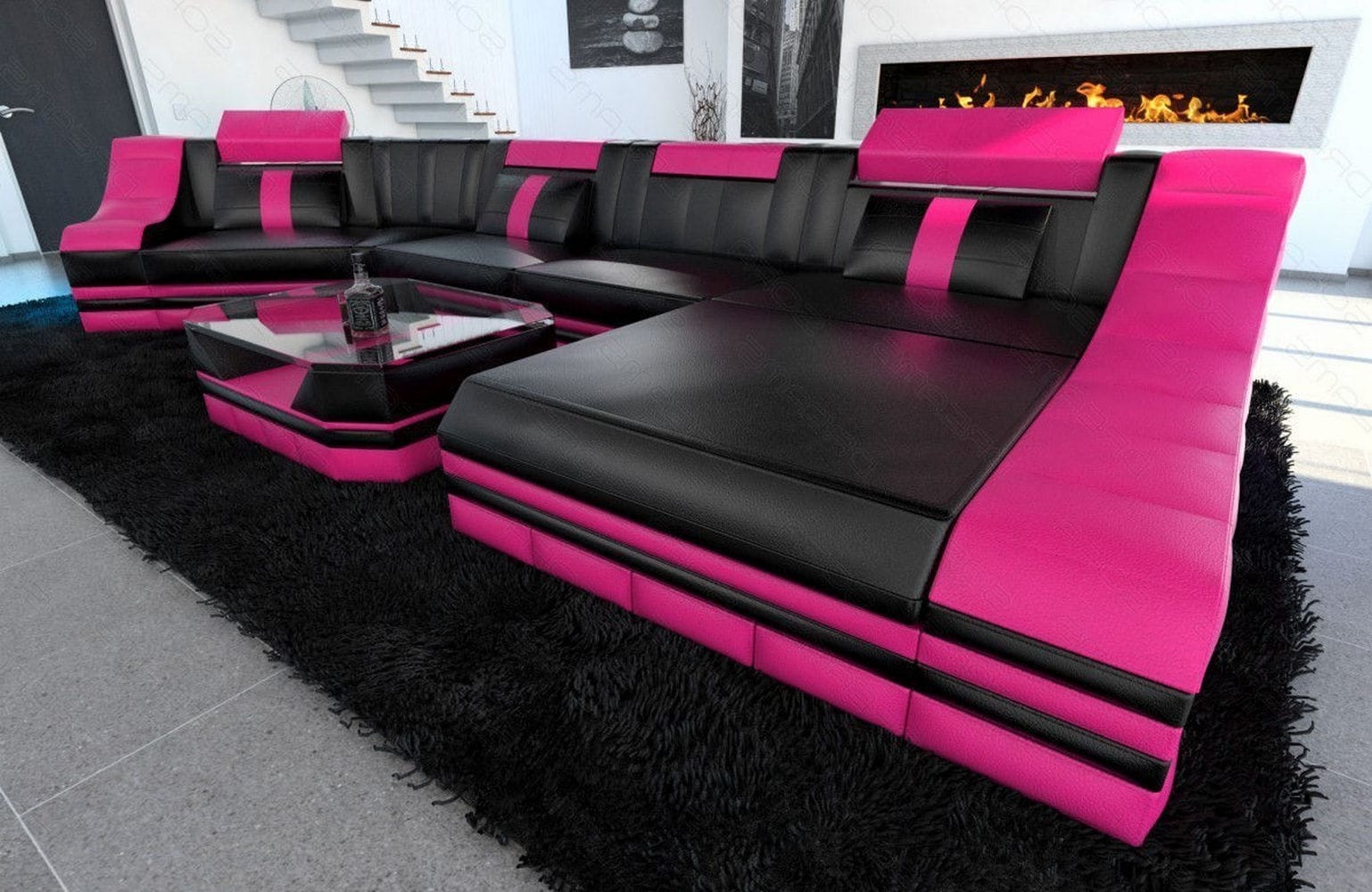 Luxus Wohnlandschaft Turino C-Form mit LED schwarz-pink