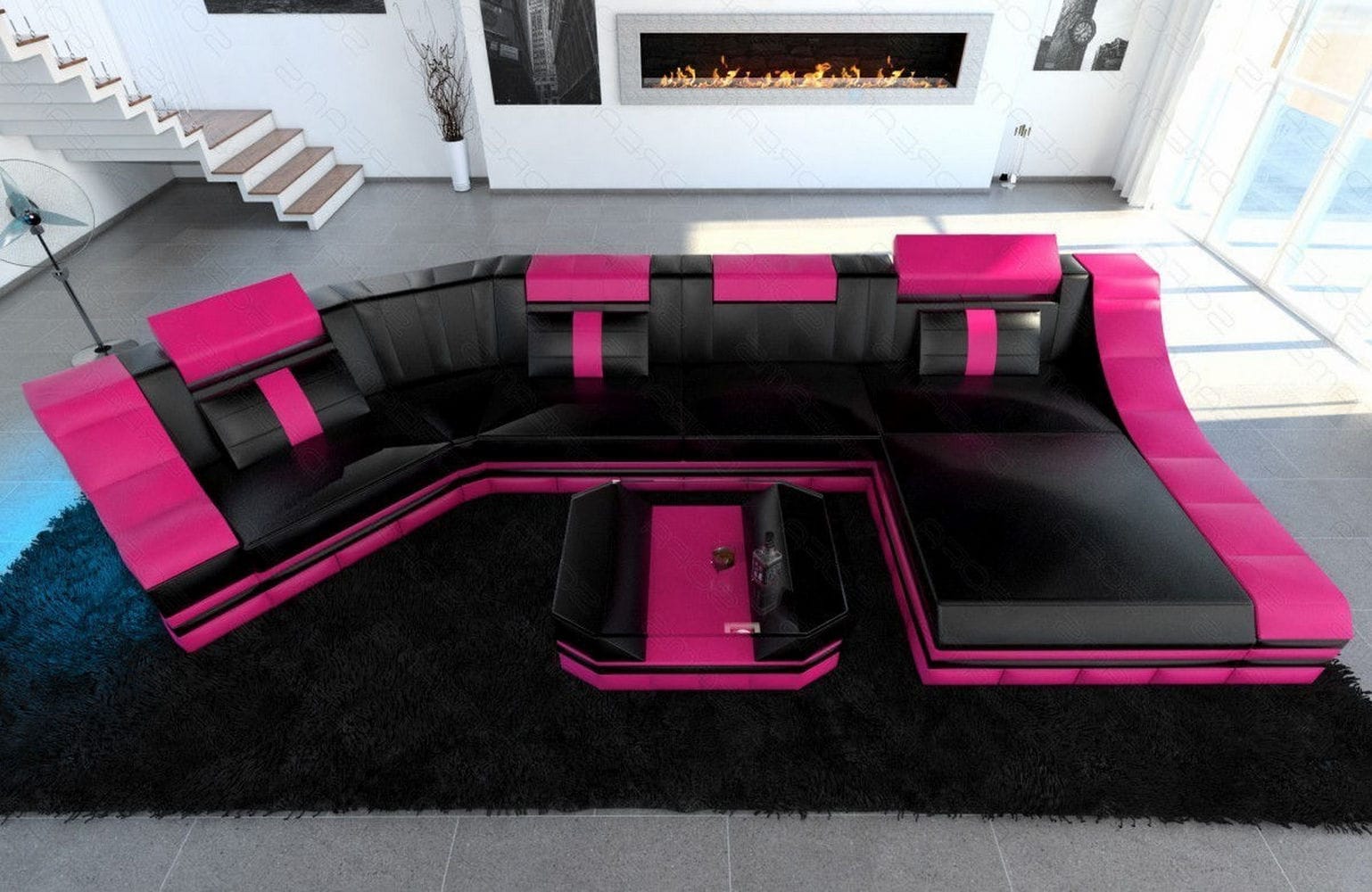 Luxus Wohnlandschaft Turino C-Form mit LED schwarz-pink