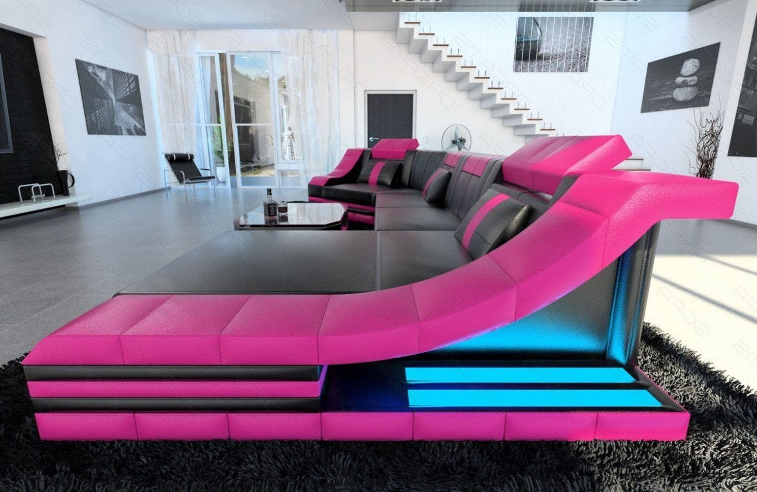Luxus Wohnlandschaft Turino C-Form mit LED schwarz-pink