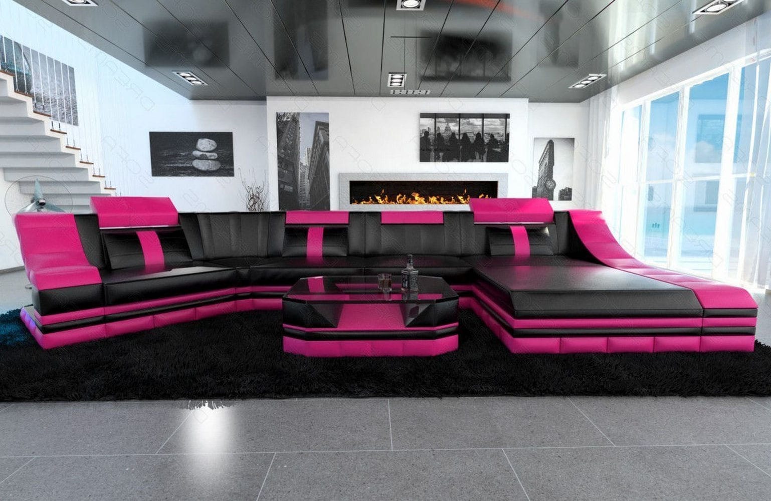 Luxus Wohnlandschaft Turino C-Form mit LED schwarz-pink