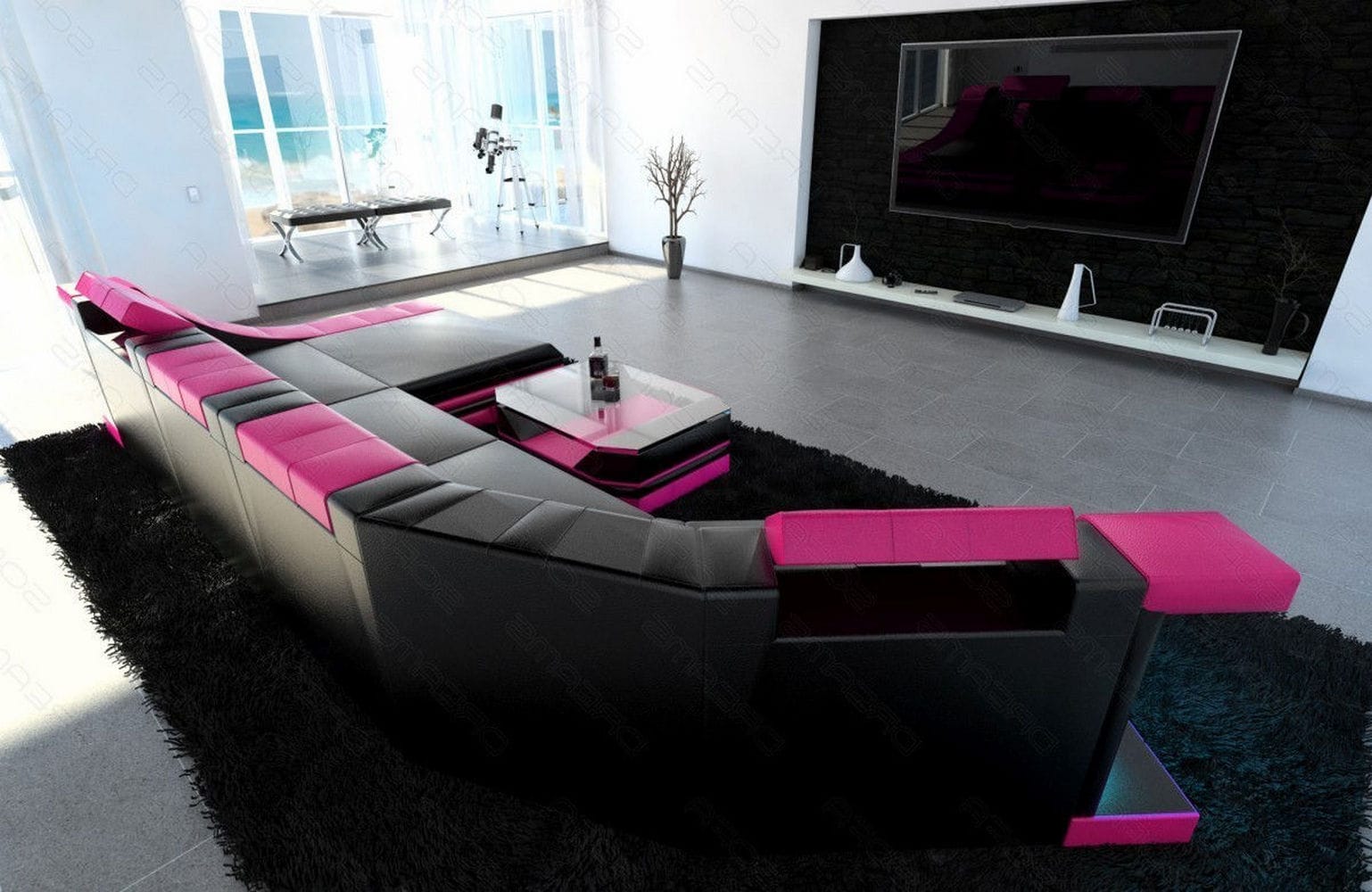 Luxus Wohnlandschaft Turino C-Form mit LED schwarz-pink