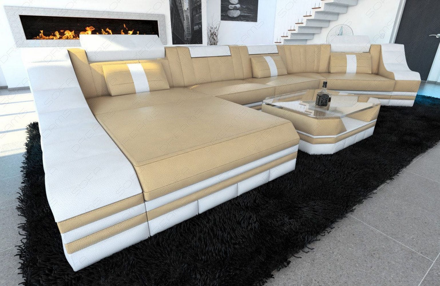 Luxus Wohnlandschaft Turino C-Form mit LED sandbeige-weiß
