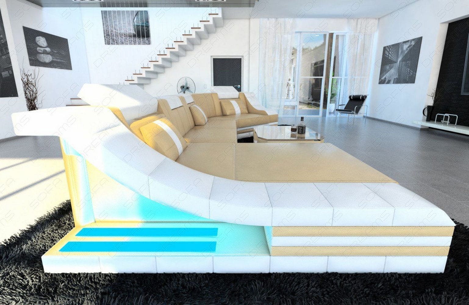Luxus Wohnlandschaft Turino C-Form mit LED sandbeige-weiß