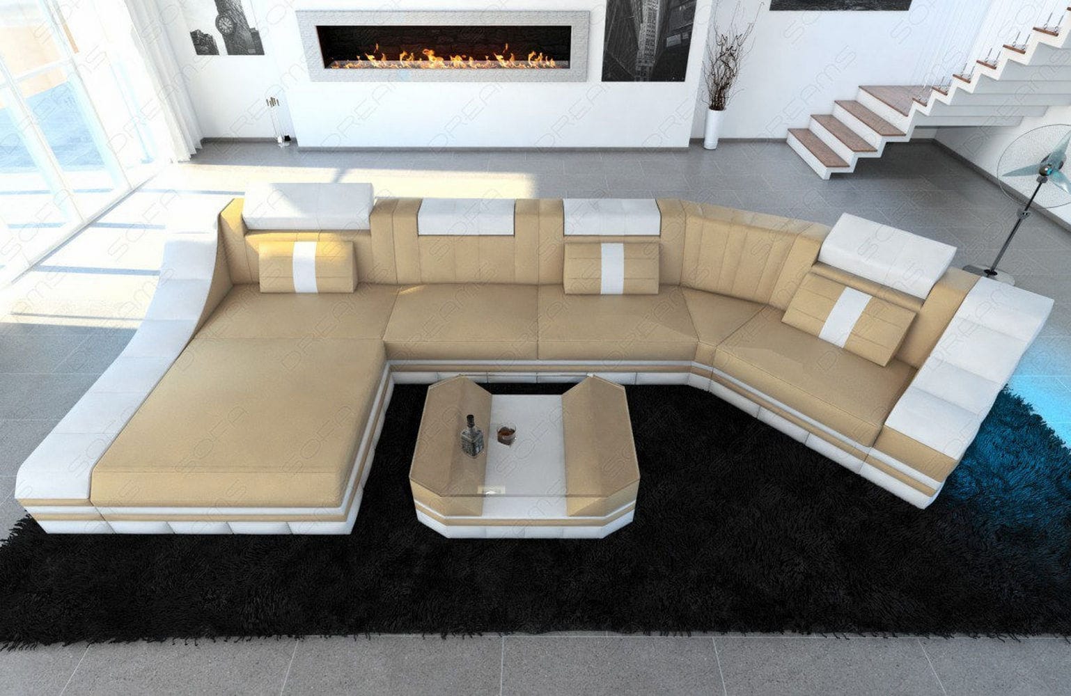 Luxus Wohnlandschaft Turino C-Form mit LED sandbeige-weiß