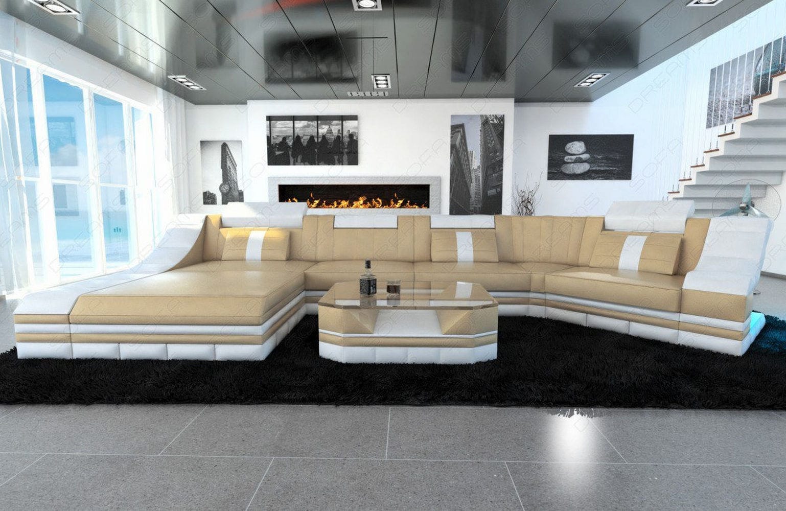 Luxus Wohnlandschaft Turino C-Form mit LED sandbeige-weiß