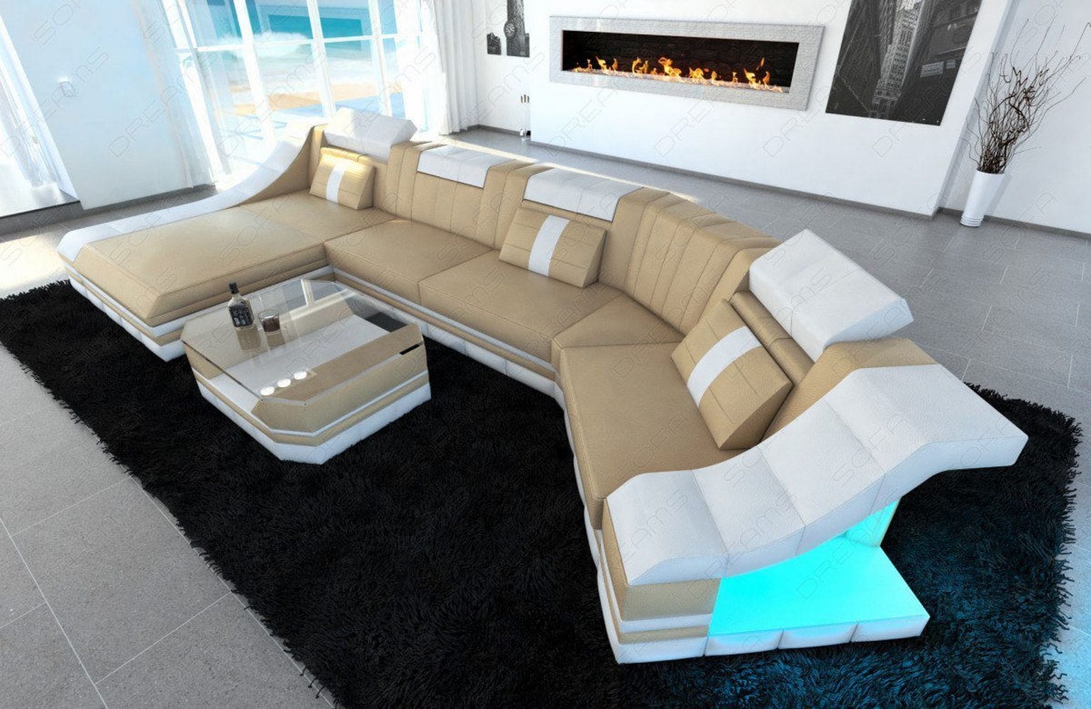 Luxus Wohnlandschaft Turino C-Form mit LED sandbeige-weiß