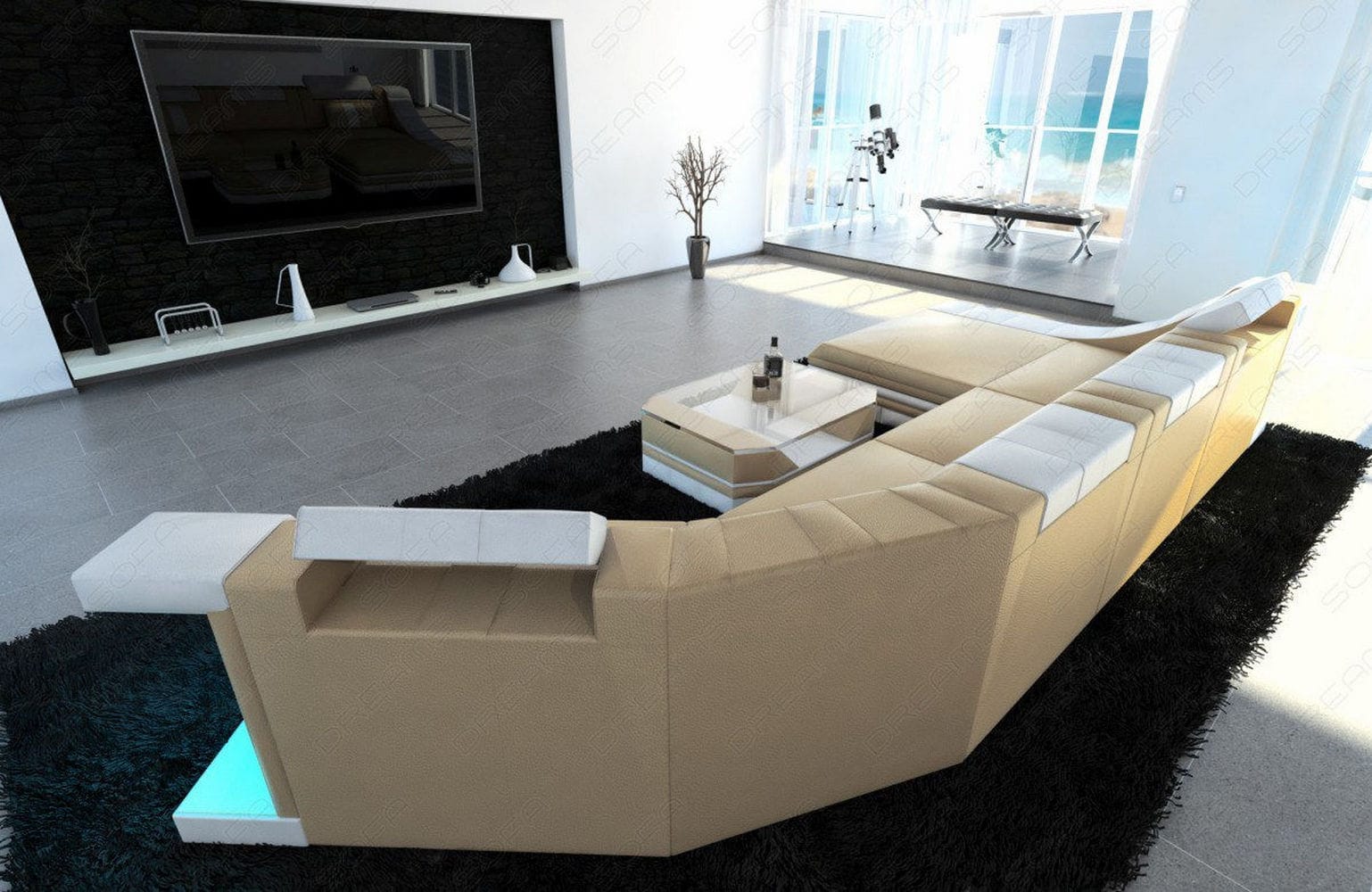 Luxus Wohnlandschaft Turino C-Form mit LED sandbeige-weiß