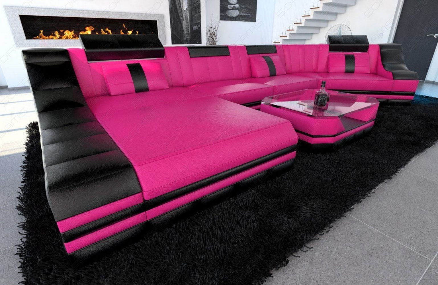 Luxus Wohnlandschaft Turino C-Form mit LED pink-schwarz