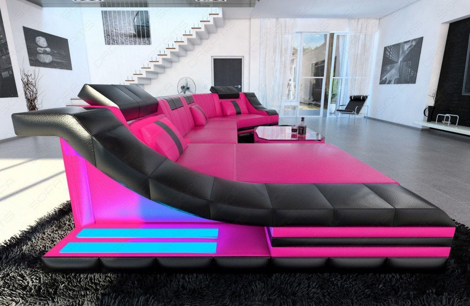 Luxus Wohnlandschaft Turino C-Form mit LED pink-schwarz