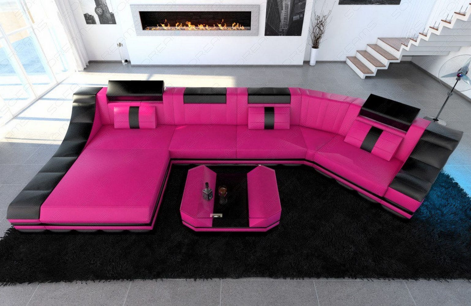 Luxus Wohnlandschaft Turino C-Form mit LED pink-schwarz