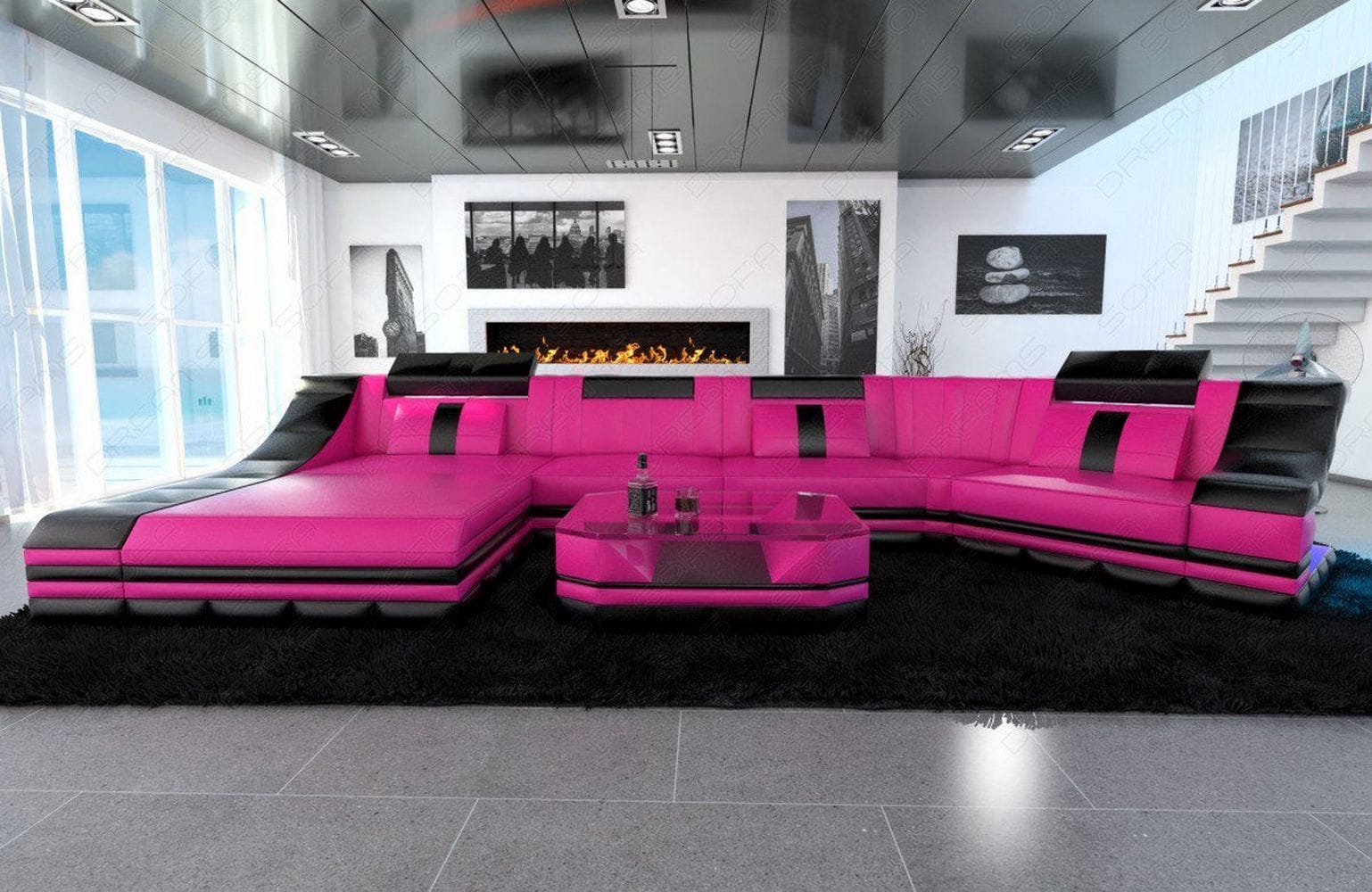 Luxus Wohnlandschaft Turino C-Form mit LED pink-schwarz
