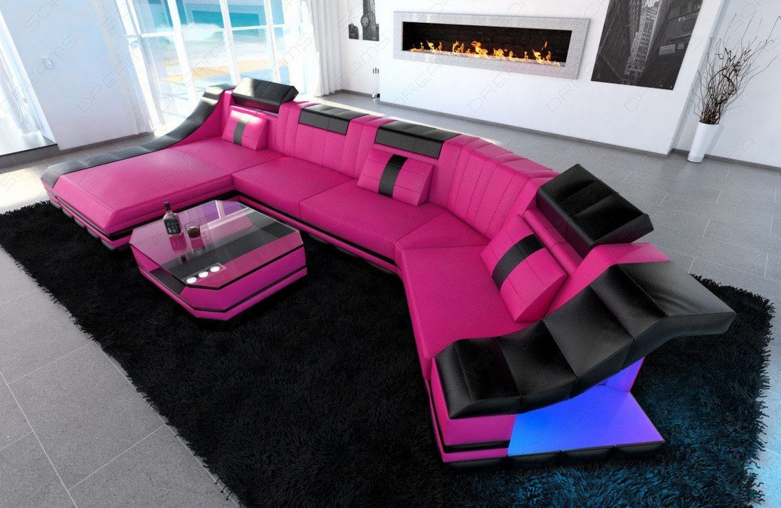 Luxus Wohnlandschaft Turino C-Form mit LED pink-schwarz