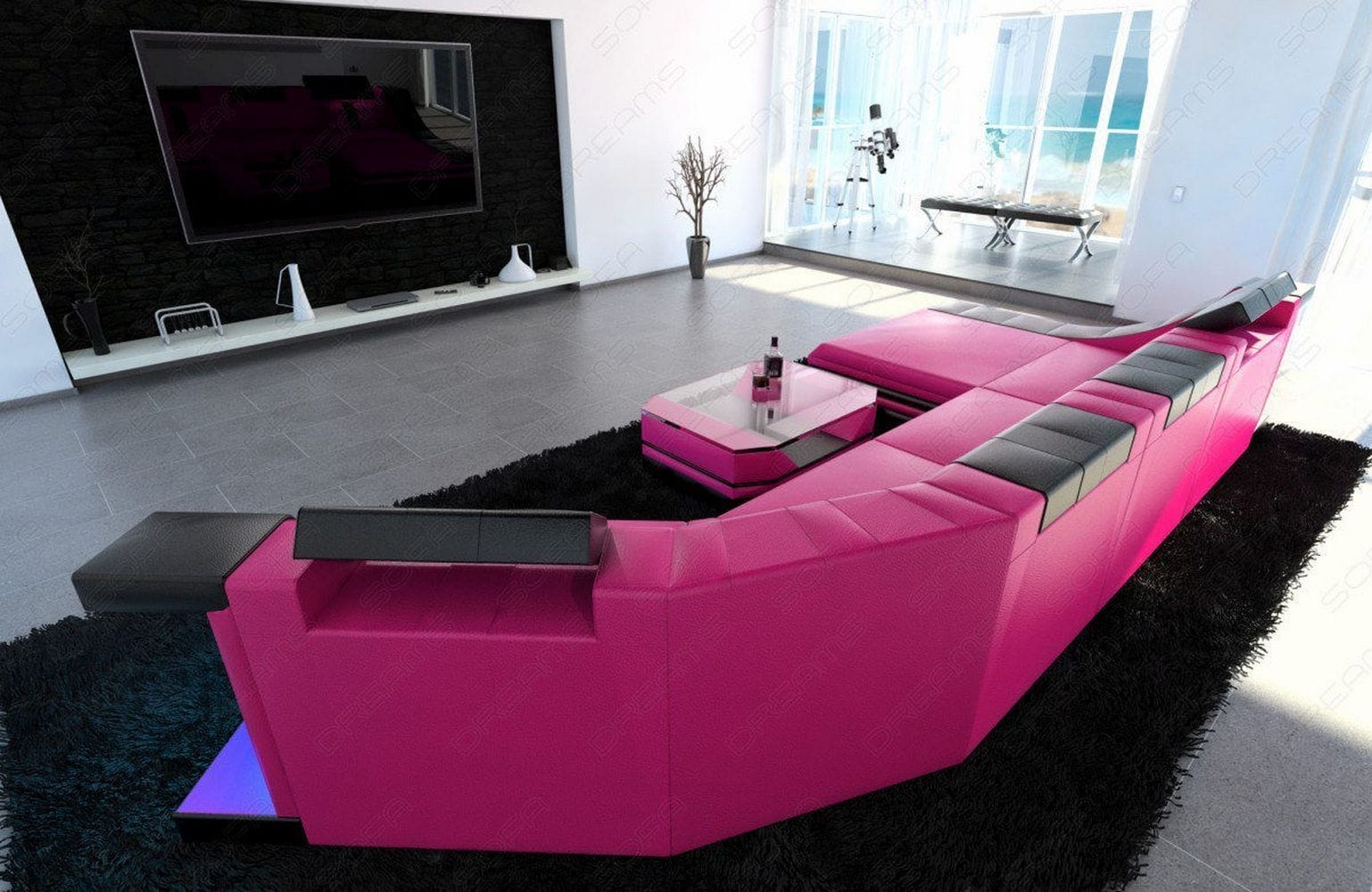 Luxus Wohnlandschaft Turino C-Form mit LED pink-schwarz
