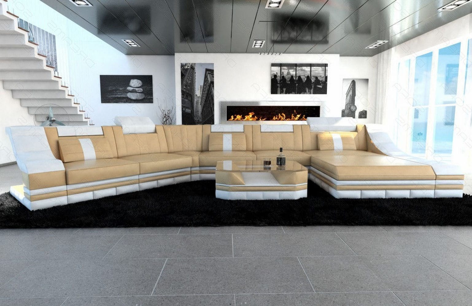 Mini Sofa Turino CL-Form aus Leder Sandbeige-Weiss