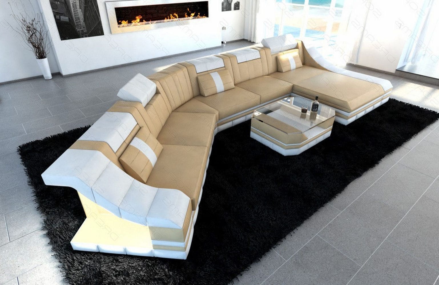 Mini Sofa Turino CL-Form aus Leder Sandbeige-Weiss