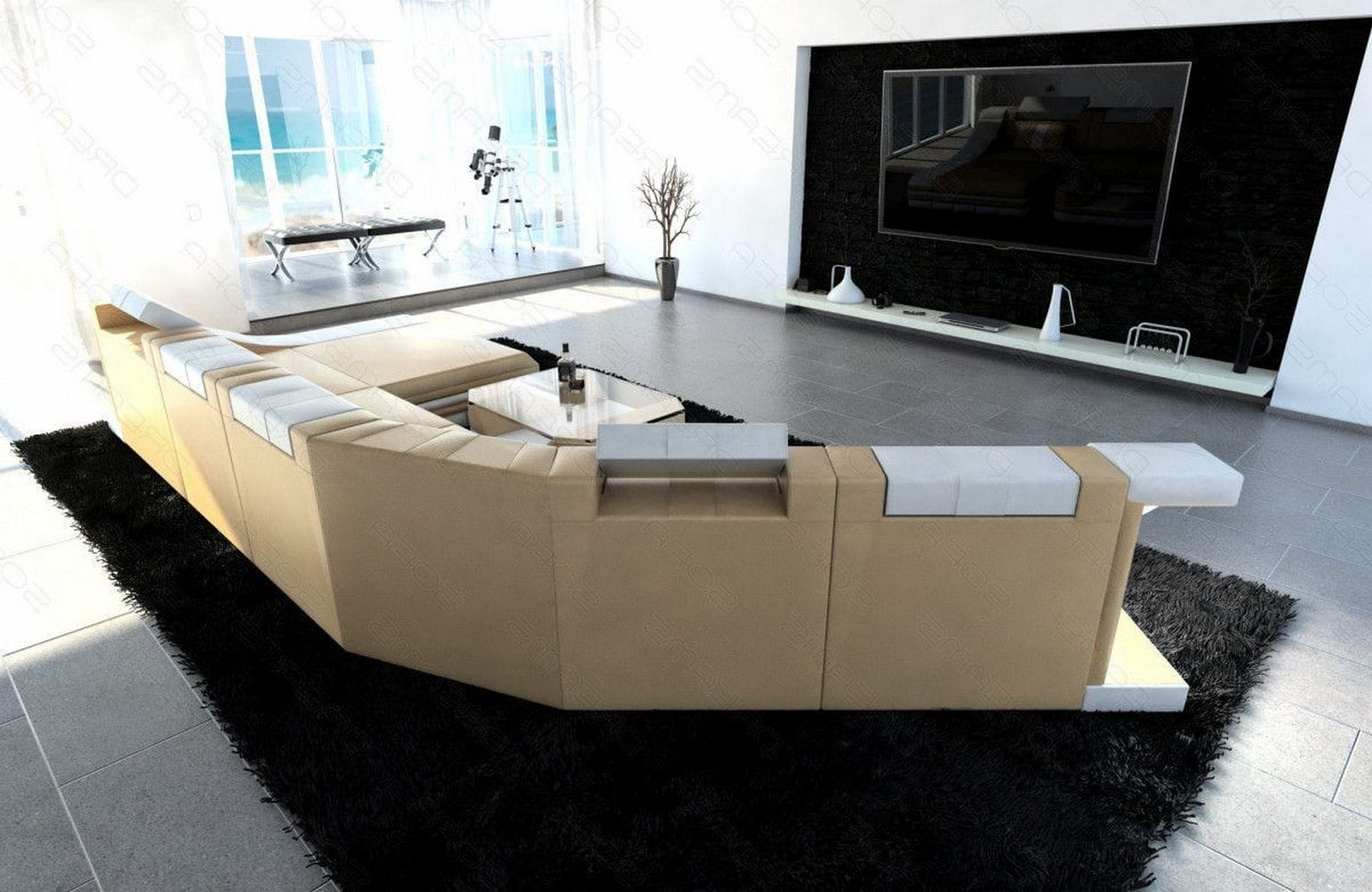 Mini Sofa Turino CL-Form aus Leder Sandbeige-Weiss