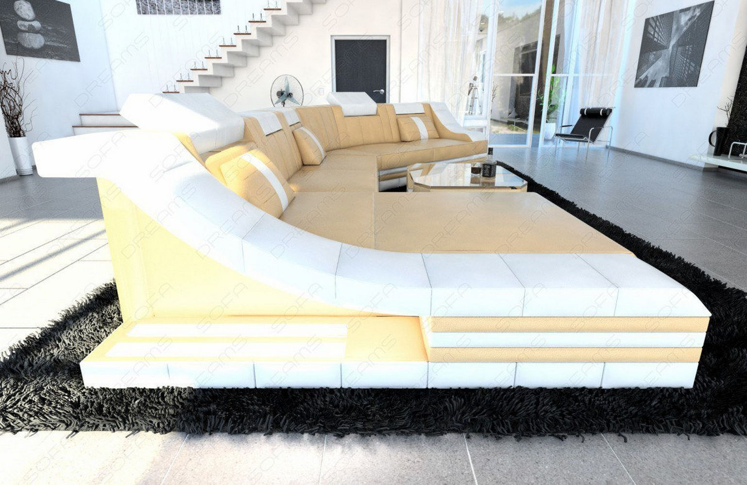 Mini Leder Wohnlandschaft Turino CL mit LED Sandbeige-Weiss