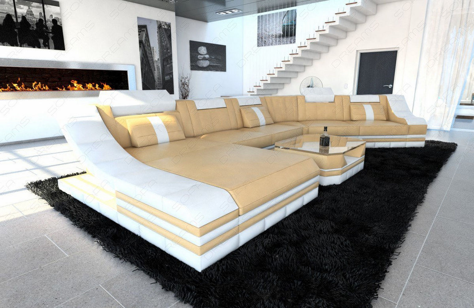 Mini Leder Wohnlandschaft Turino CL mit LED Sandbeige-Weiss