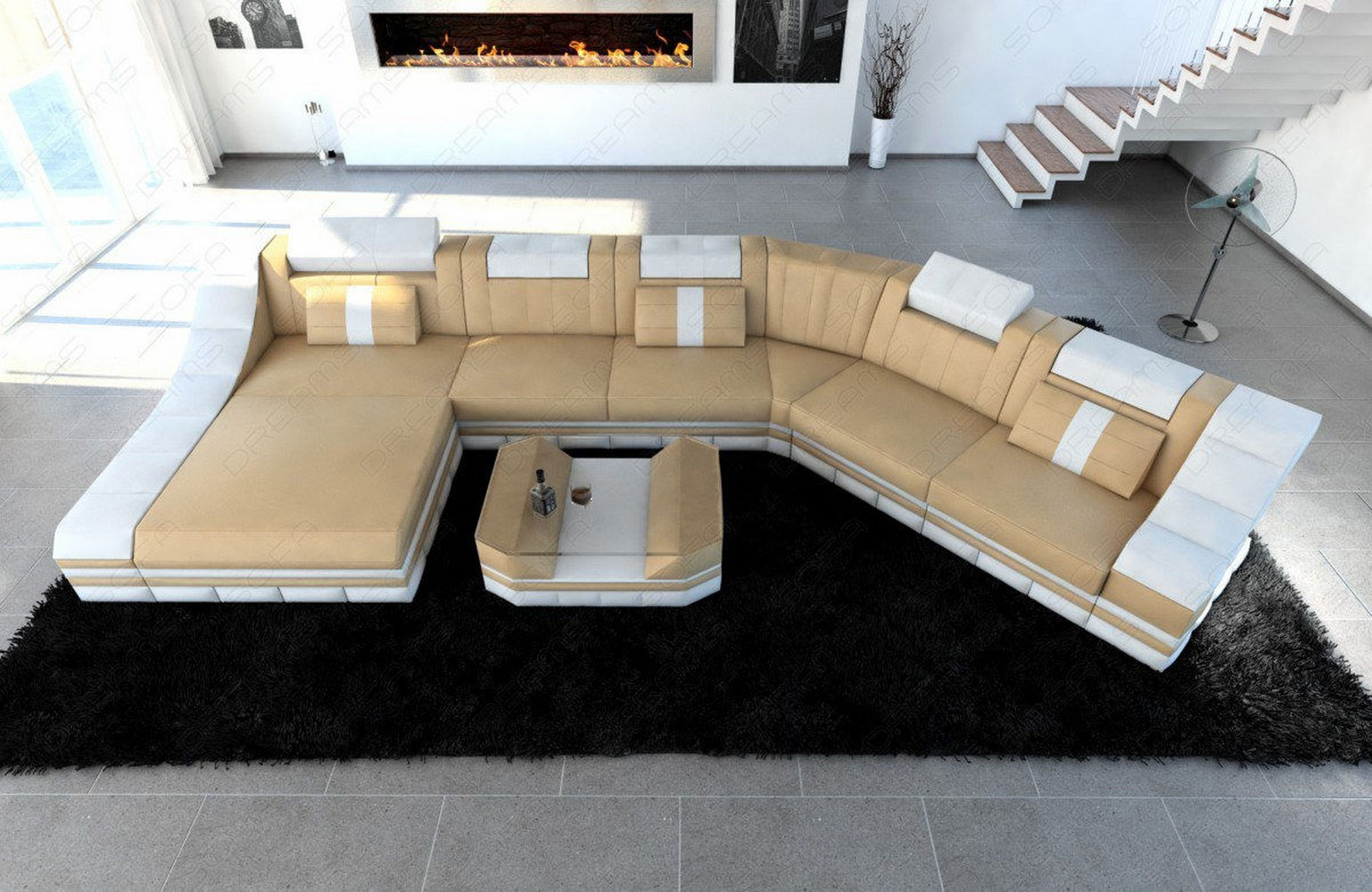 Mini Leder Wohnlandschaft Turino CL mit LED Sandbeige-Weiss