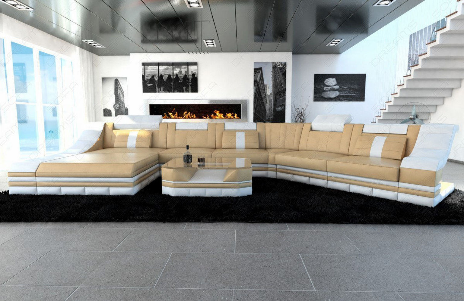 Mini Leder Wohnlandschaft Turino CL mit LED Sandbeige-Weiss